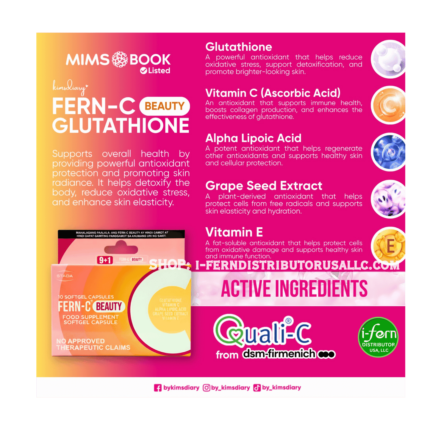 Fern-C Beauty Glutathione supplement packaging with product details and branding. Shop online at iferndistributorusallc