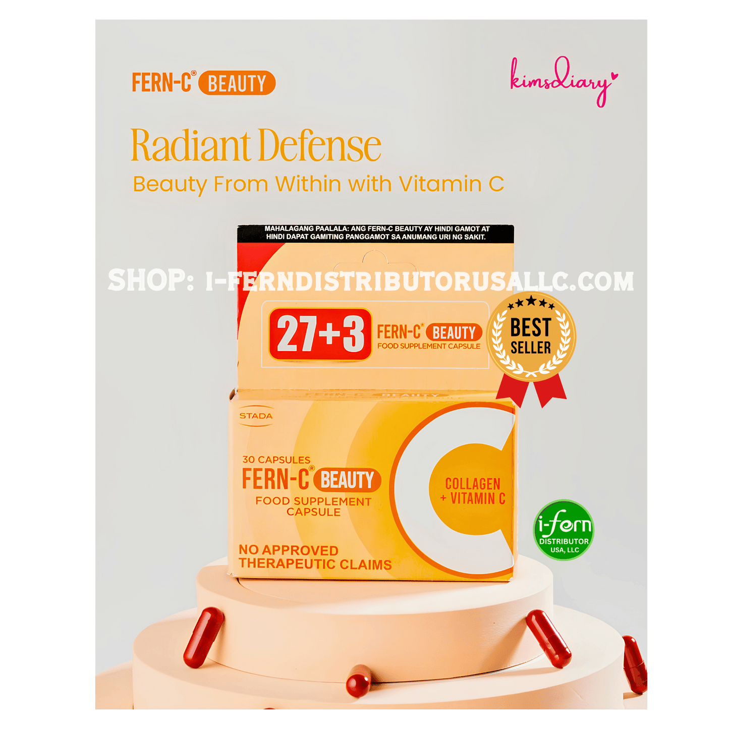 Fern-C Beauty Radiant Defense supplement packaging with visible branding and product details. Fern-C Beauty Collagen 30 Capsules I-fern USA shop online i-ferndistributorusallc.com