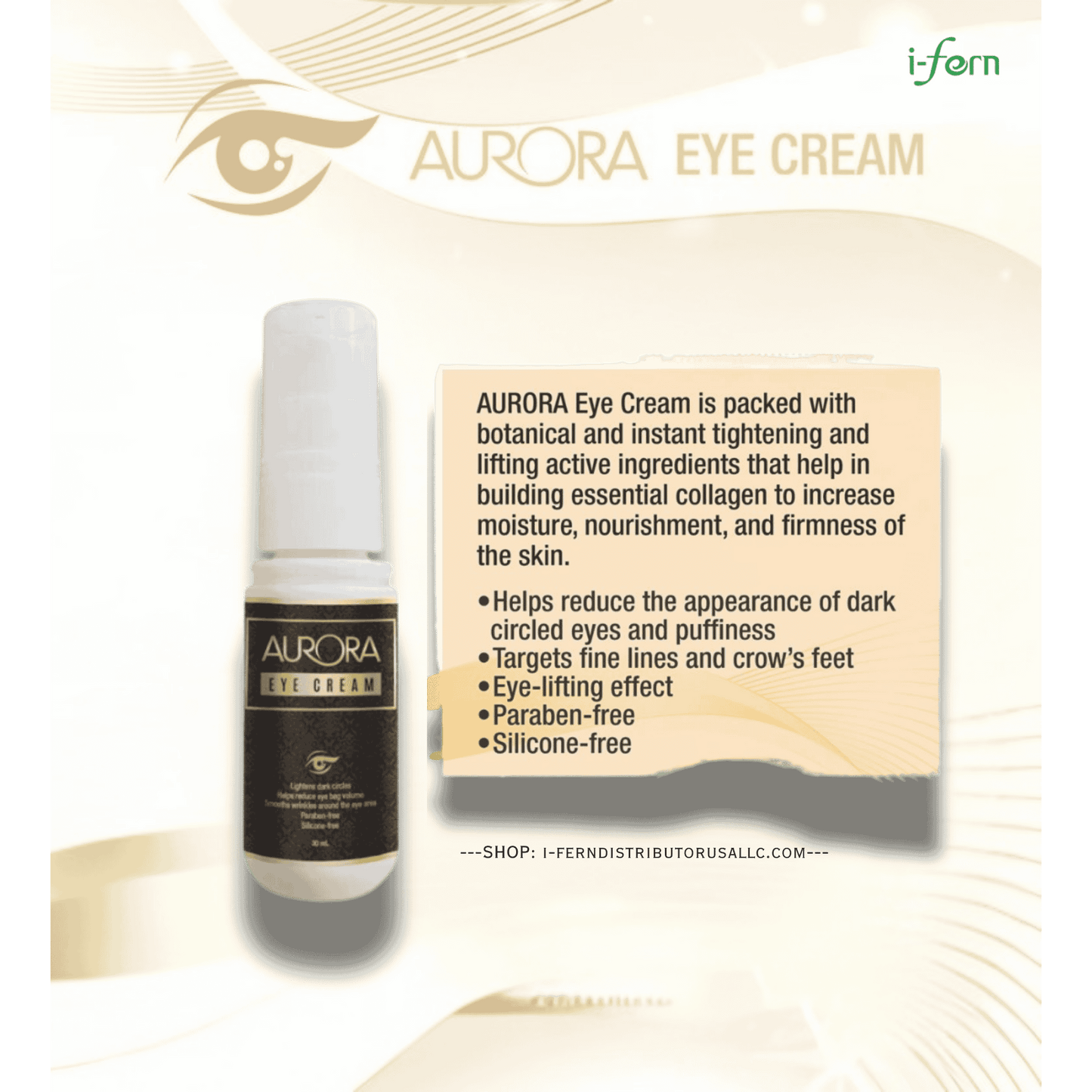 Aurora Eye Cream bottle with product description on a beige background