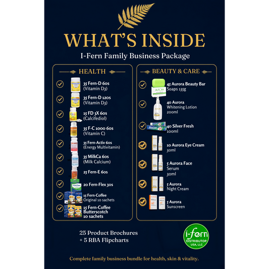 I-Fern Family Business Package with health supplements, skincare products, coffee, and distributor materials