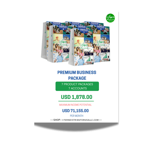 Advertisement for i-fern premium business package with product packages and pricing details sold online on i-ferndistiributorusallc.com