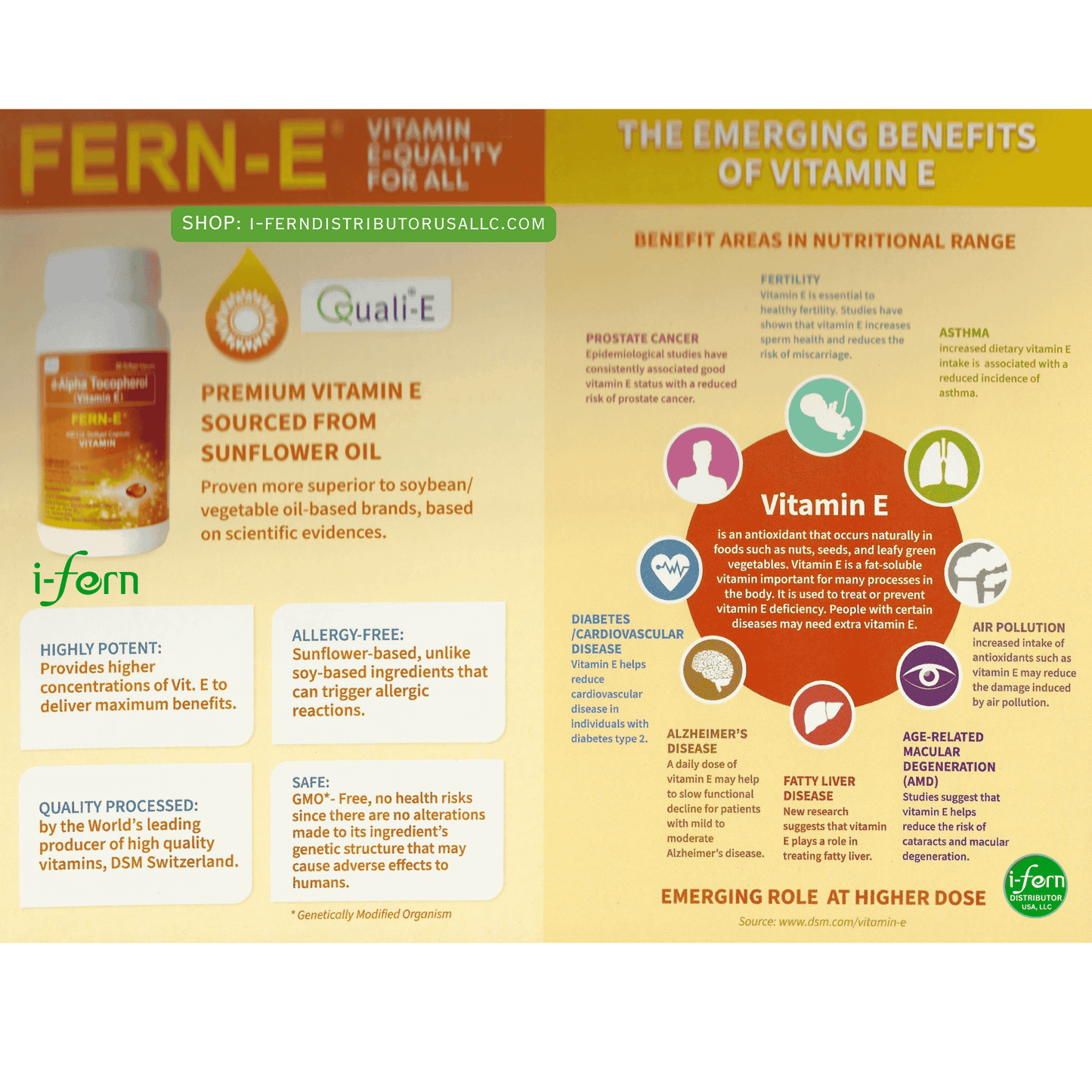 Fern-E vitamin E supplement advertisement with benefits and product details buy online i-ferndistributorusallc.com