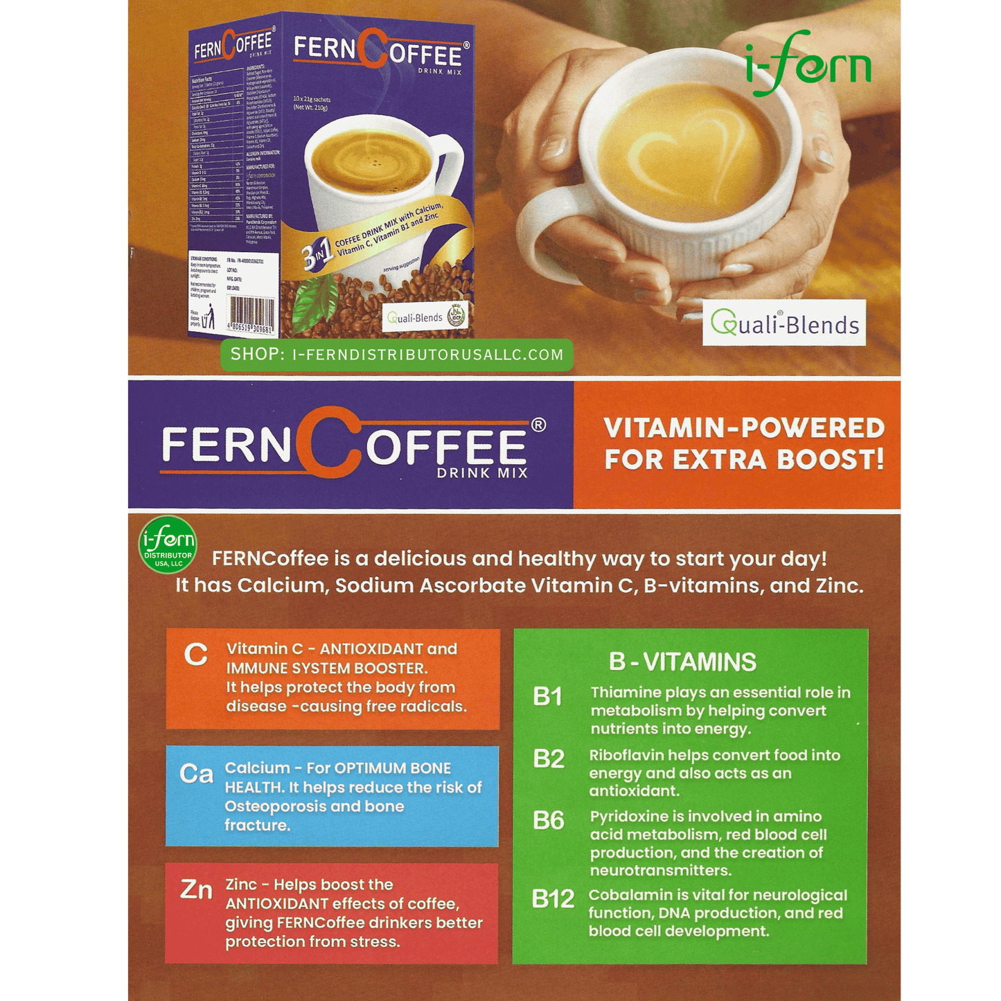 Fern Coffee drink mix packaging with a cup of coffee and text about vitamins and health benefits buy online i-ferndistributorusallc.com