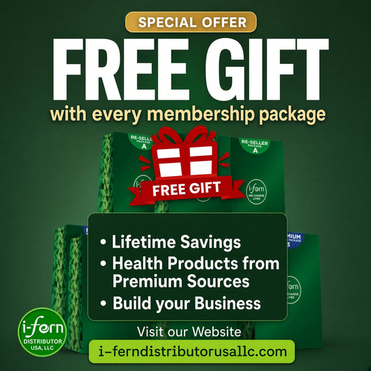 Promotional graphic for i-ferm Distributor USA LLC advertising a 'FREE GIFT with every membership package' on a dark green background, with text callouts and a small product package shown.