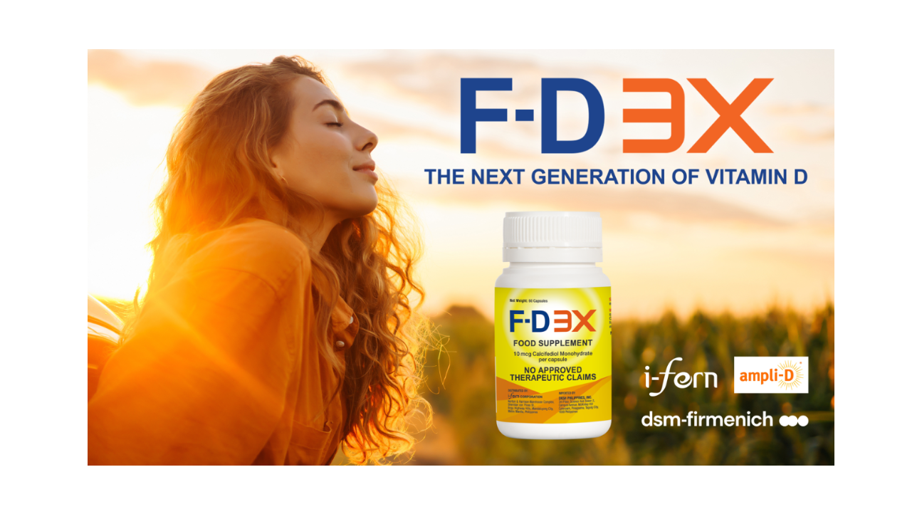 Woman with closed eyes against a sunset, F-D3X supplement bottle displayed, and F-D3X branding.