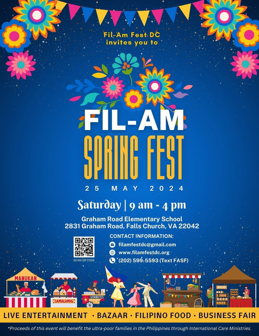 Fil-Am Spring Fest banner with blue back ground and festive Filipino color and activity and flags