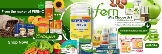 Vibrant arrangement of I-Fern health supplements bottles including Fern-D, Fern-Activ, and MilkCa on colorful background