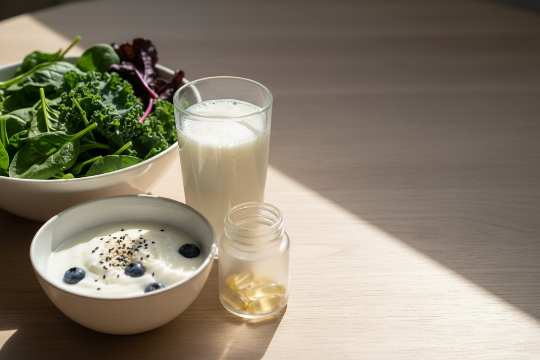 Milk, yogurt, leafy greens, sesame, and capsules in a bone health supplement scene.