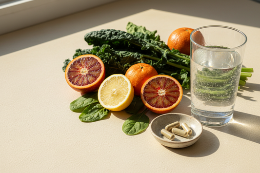 Citrus, leafy greens, water, and supplement capsules arranged for a vitamins for energy guide.