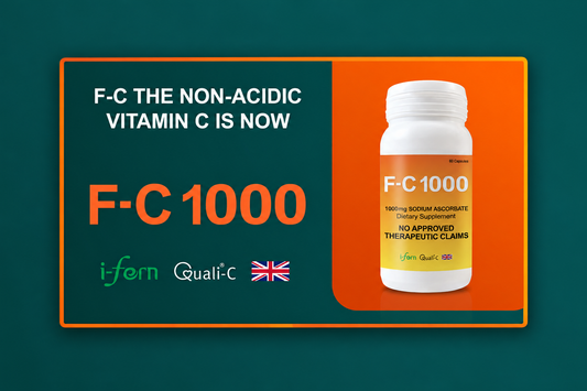 Original I-Fern F-C 1000 promotional graphic showing the sodium ascorbate vitamin C bottle, Quali-C mark and UK flag | I-fern USA