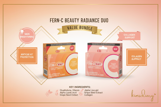 Fern-C Beauty Radiance Duo bundle infographic showing key benefits: skin brightening, antioxidant protection and collagen support with Glutathione, Vitamin C, Alpha Lipoic Acid, Grape Seed Extract and Collagen | I-Fern USA