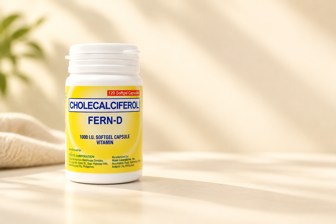 FERN-D Vitamin D3 120-softgel bottle on a warm, sunlit background.