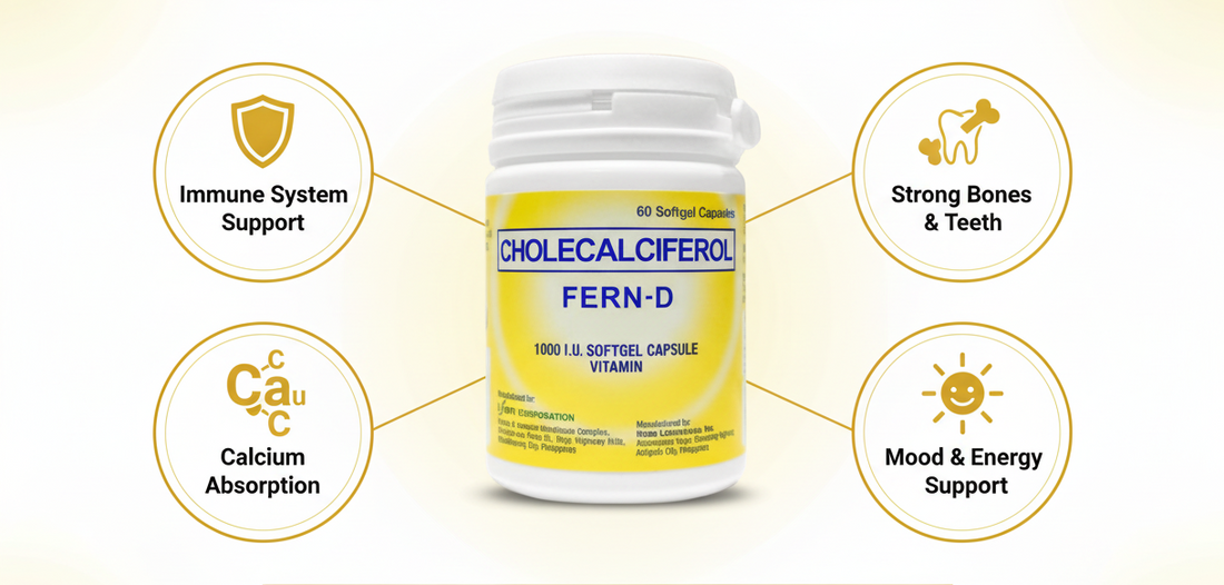 FERN-D Cholecalciferol Vitamin D3 1000 IU 60 Softgel Capsules infographic showing key benefits: immune system support, strong bones and teeth, calcium absorption and mood and energy support | I-Fern USA
