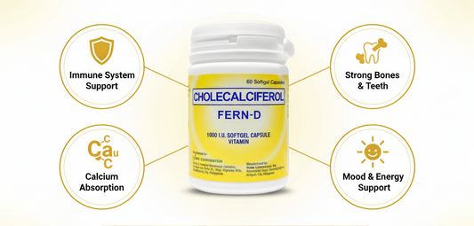 FERN-D Cholecalciferol Vitamin D3 1000 IU 60 Softgel Capsules infographic showing key benefits: immune system support, strong bones and teeth, calcium absorption and mood and energy support | I-Fern USA