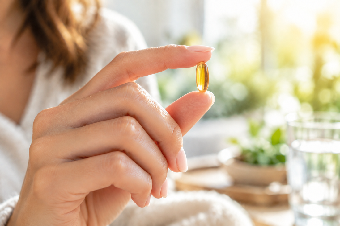 Hand holding a small golden vitamin D3 softgel capsule in warm morning sunlight