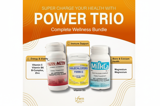 I-Fern Power Trio 60 Bundle infographic showing FERN-ACTIV Multivitamin, FERN-D Vitamin D3 and MilkCa Calcium Complex with key benefits: immune support, bone health, energy and vitality | I-Fern USA