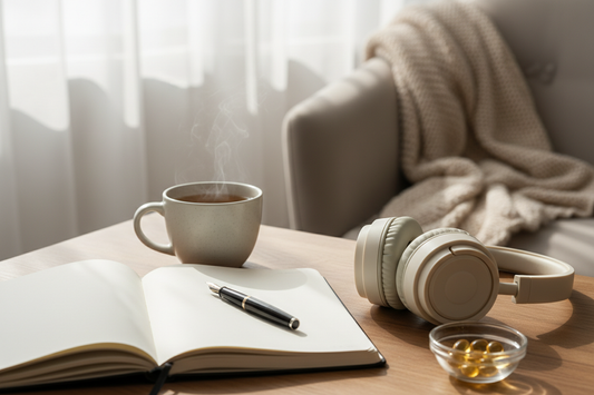 Journal, tea, headphones, and softgels in a calm mood wellness scene.