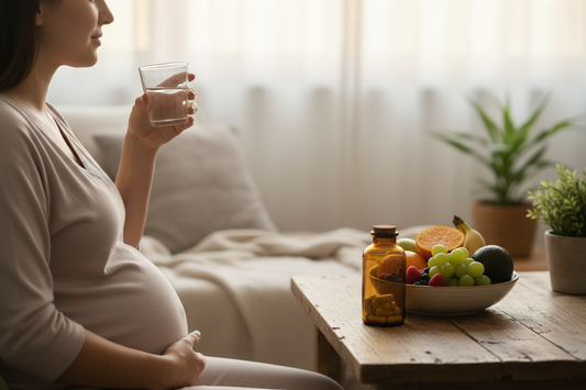 Expecting adult beside fruit, water, and an unbranded prenatal supplement bottle.