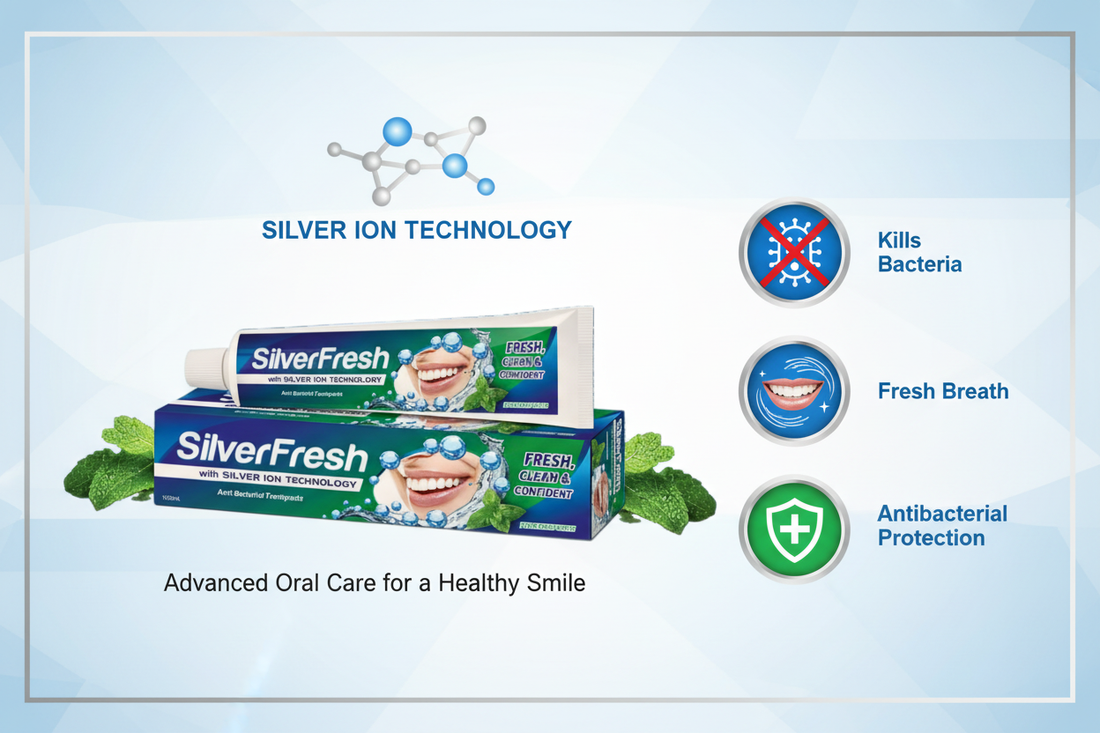 SilverFresh Antibacterial Toothpaste infographic showing key benefits: kills bacteria, fresh breath, whiter teeth and antibacterial protection with Silver Ion Technology | I-Fern USA