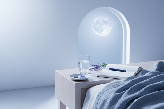 Calm bedside scene with lavender, water, journal, and capsules for a sleep supplements guide.