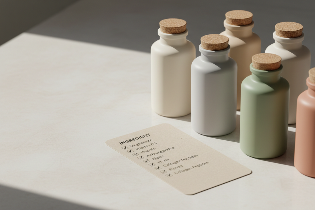 Unbranded supplement bottles and an ingredient checklist for comparing wellness brands.