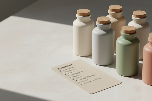 Unbranded supplement bottles and an ingredient checklist for comparing wellness brands.