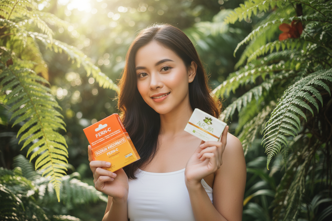 Woman with radiant glowing skin holding i-Fern vitamin C serum and lotion products in a natural outdoor setting with green ferns and soft sunlight