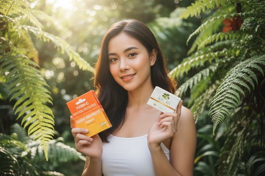 Woman with radiant glowing skin holding i-Fern vitamin C serum and lotion products in a natural outdoor setting with green ferns and soft sunlight
