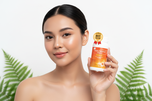 Woman with radiant glowing skin holding an i-Fern skincare supplement product, soft natural lighting with green fern leaves