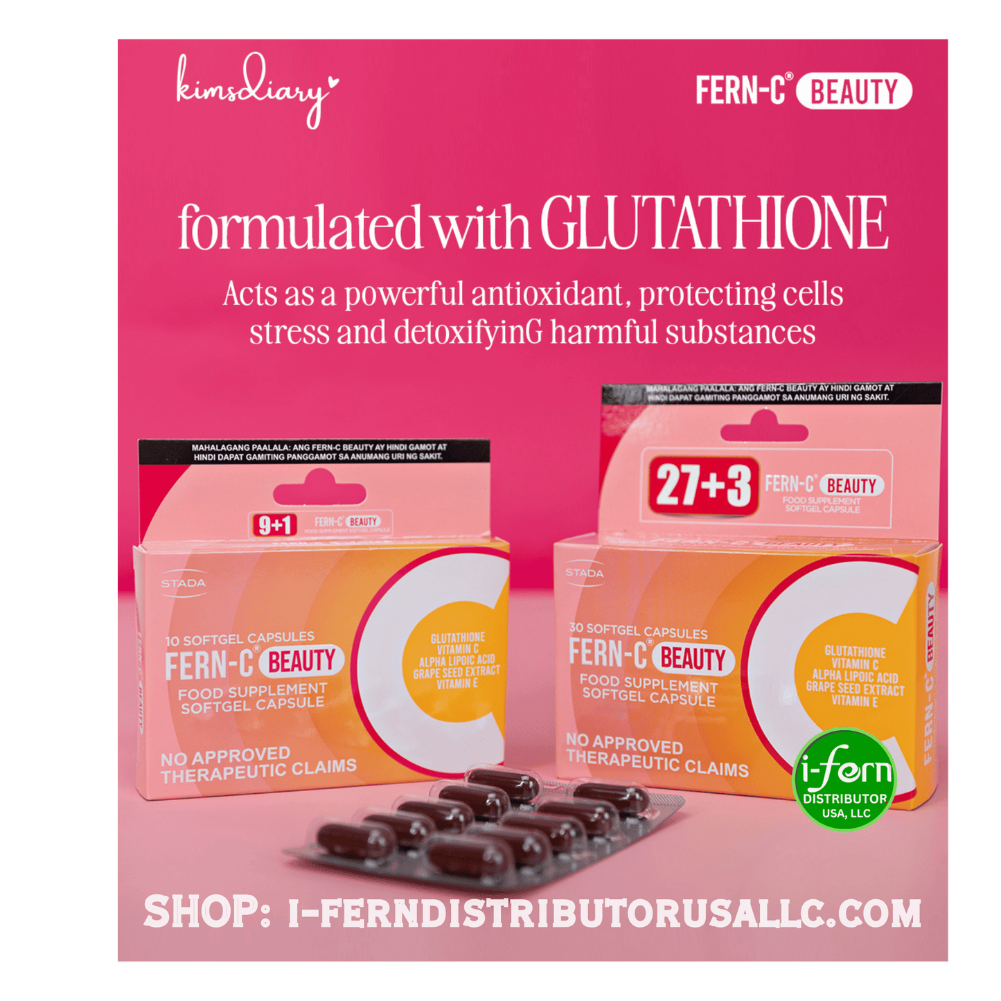 Fern-C Beauty supplement packaging with pink background and text about glutathione. Shop online at iferndistributorusallc