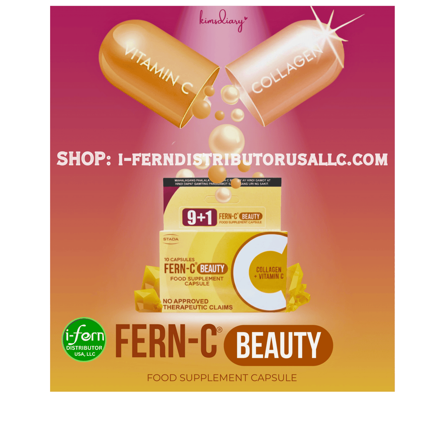 Advertisement for Fern-C Beauty food supplement capsules with a pink and green gradient background. Shop online at iferndistributorusallc