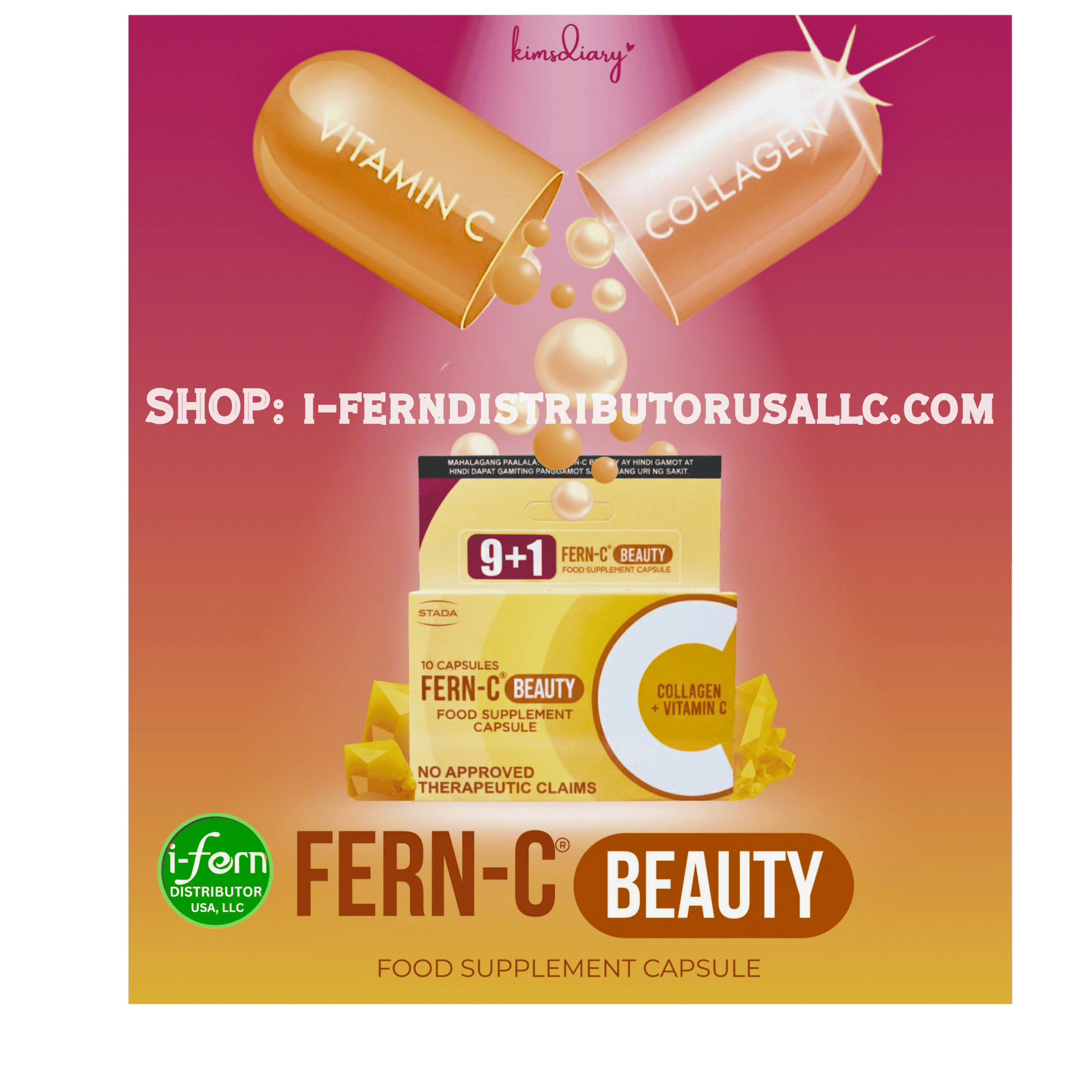 Advertisement for Fern-C Beauty food supplement capsules with a pink and green gradient background. Shop online at iferndistributorusallc