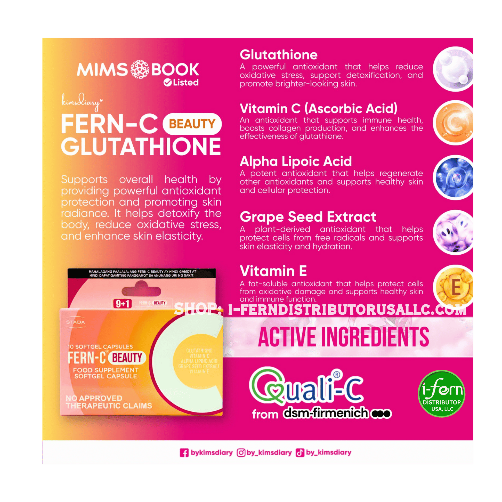 Fern-C Beauty Glutathione supplement packaging with product details and branding. Shop online at iferndistributorusallc