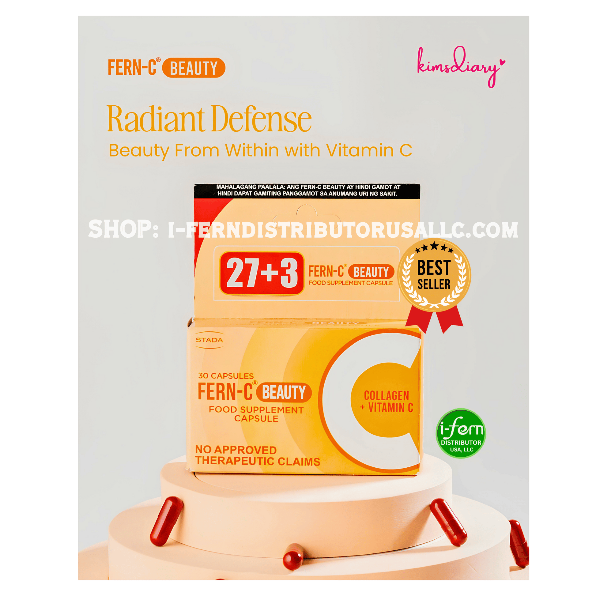 Fern-C Beauty Radiant Defense supplement packaging with visible branding and product details. Fern-C Beauty Collagen 30 Capsules I-fern USA shop online i-ferndistributorusallc.com