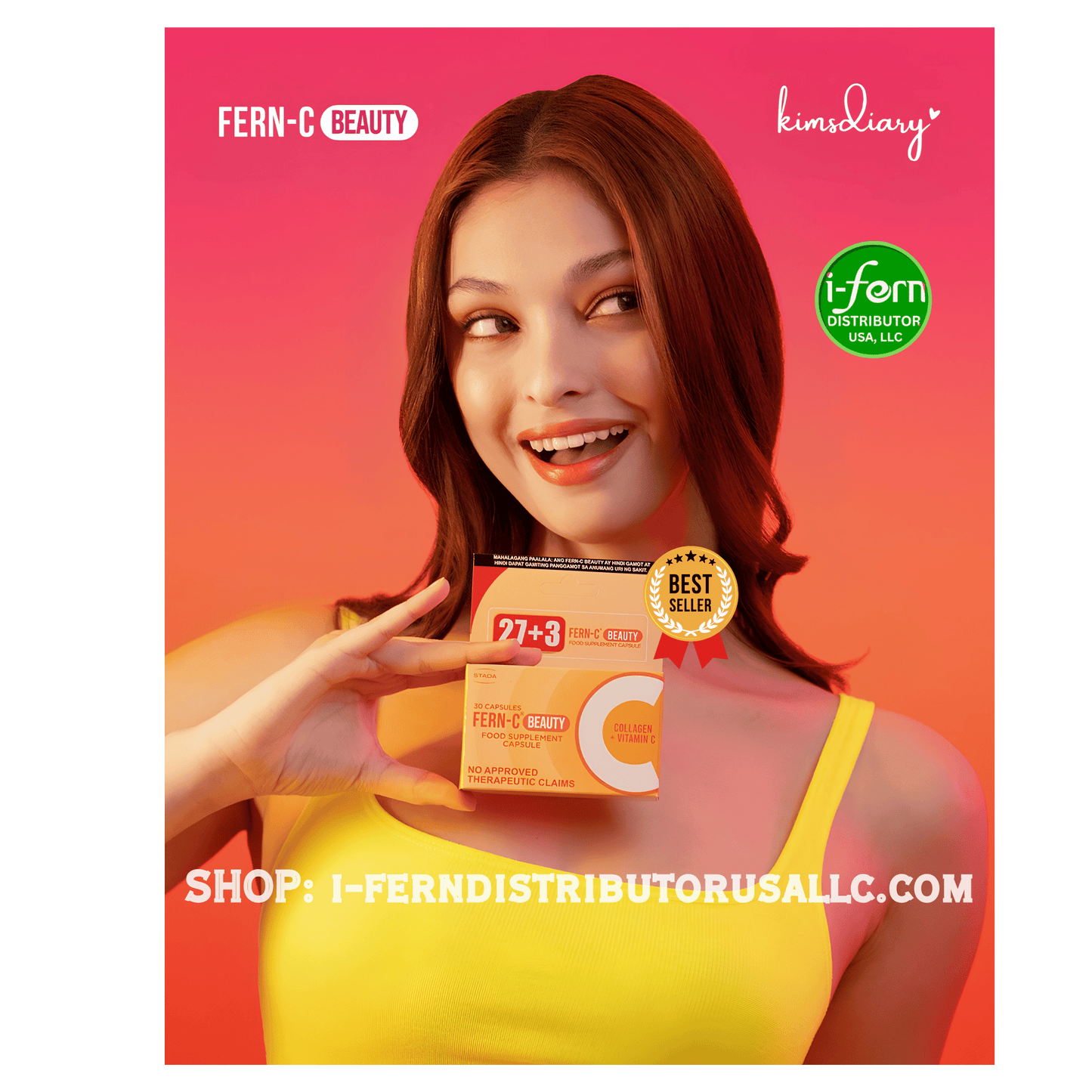 Woman holding a product box with Fern-C Beauty branding on a pink and orange gradient background. Fern-C Beauty Collagen 30 Capsules I-fern USA shop online i-ferndistributorusallc.com