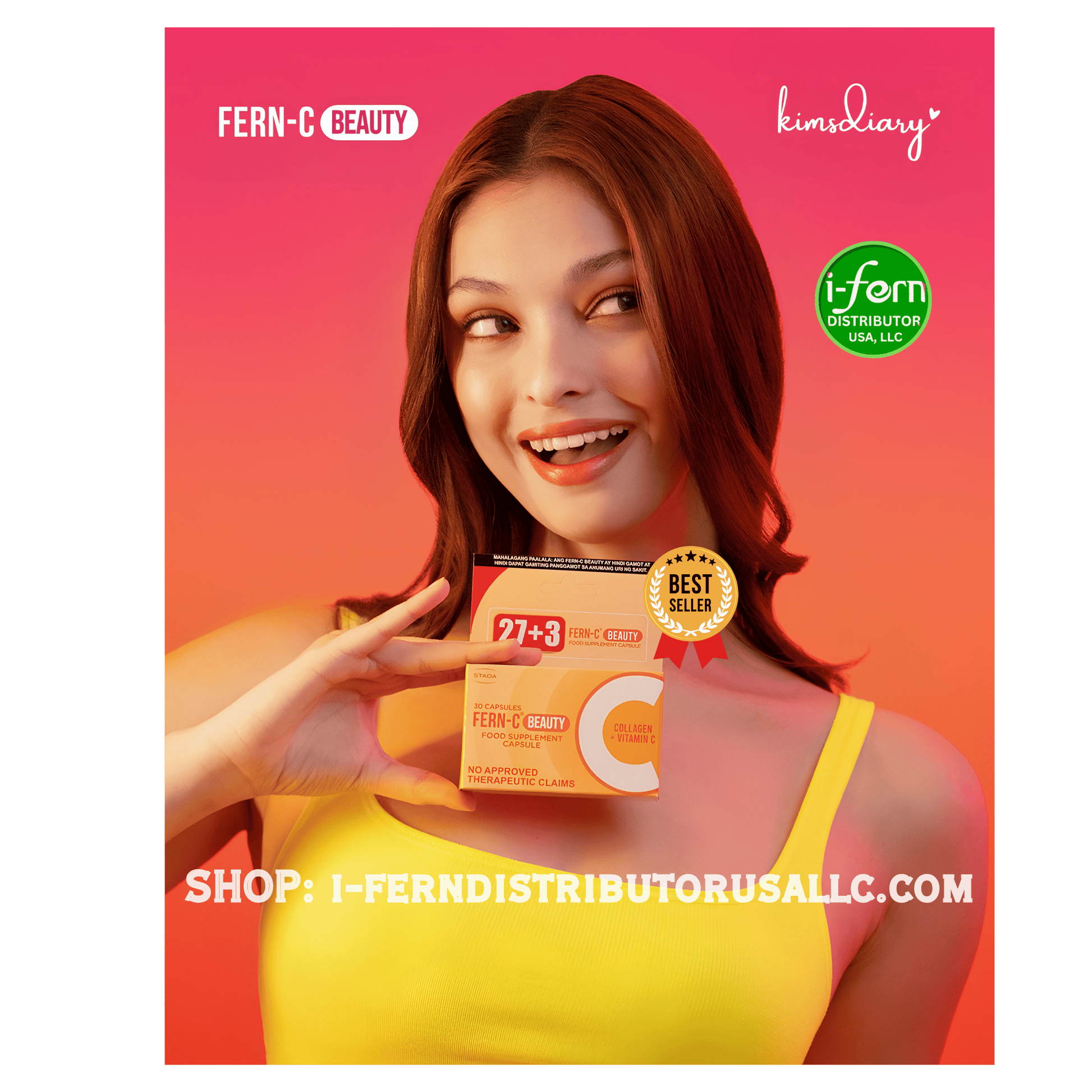 Woman holding a product box with Fern-C Beauty branding on a pink and orange gradient background. Fern-C Beauty Collagen 30 Capsules I-fern USA shop online i-ferndistributorusallc.com