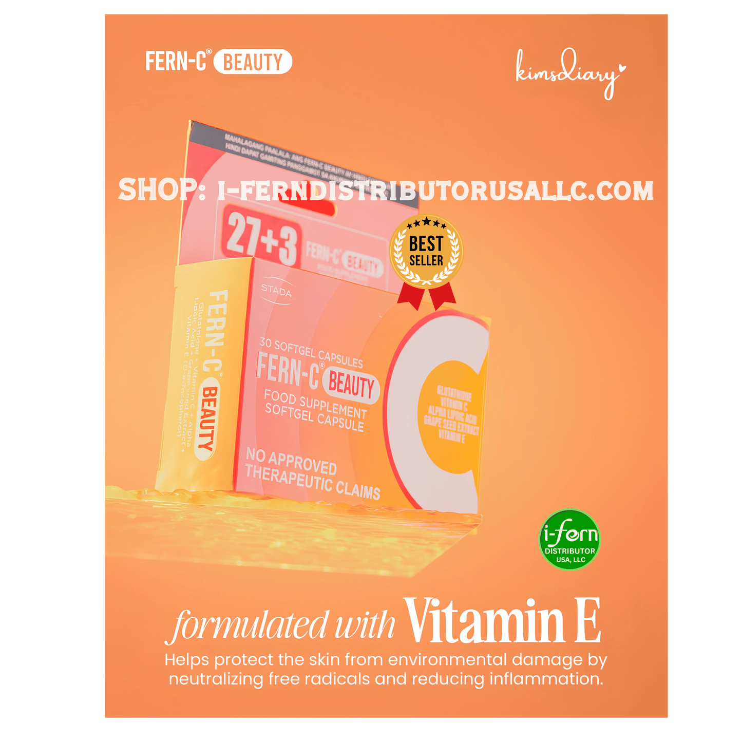 Advertisement for Fern-C Beauty vitamin C supplement with promotional text on an orange Fern-C Beauty Glutathione Shop online at iferndistributorusallc Kimsdiary