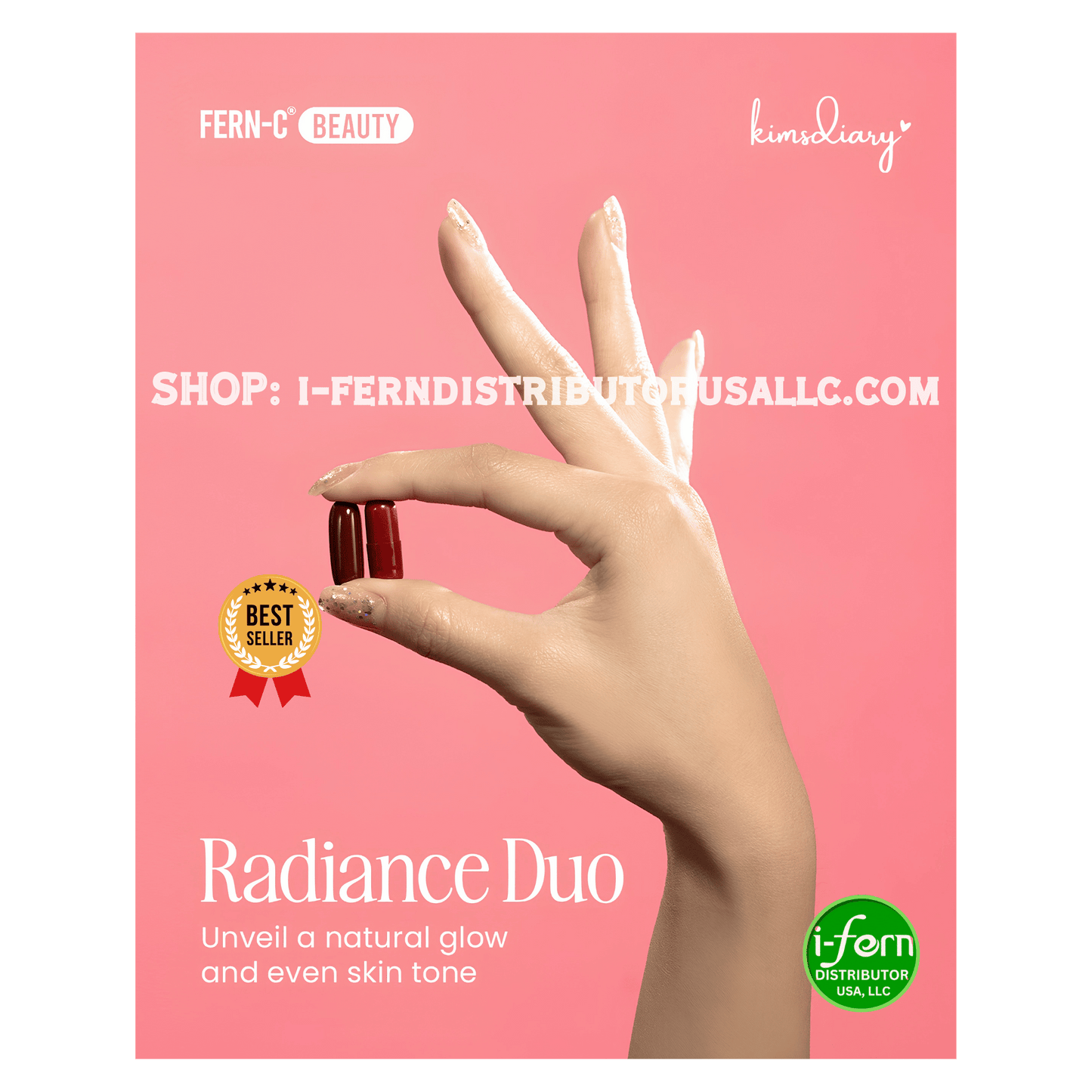 Advertisement for Fern-C Beauty Radiance Duo with a hand holding a product against a pink background. Fern-C Radiance Duo 30-Day | Glutathione & Collagen Softgel/Capsule I-fern USA shop online i-ferndistributorusallc.com