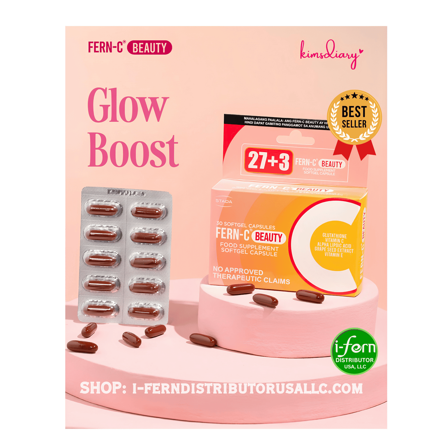 Fern-C Beauty Glutathione Glow Boost supplement packaging with pills on a pink background Shop online at iferndistributorusallc Kimsdiary