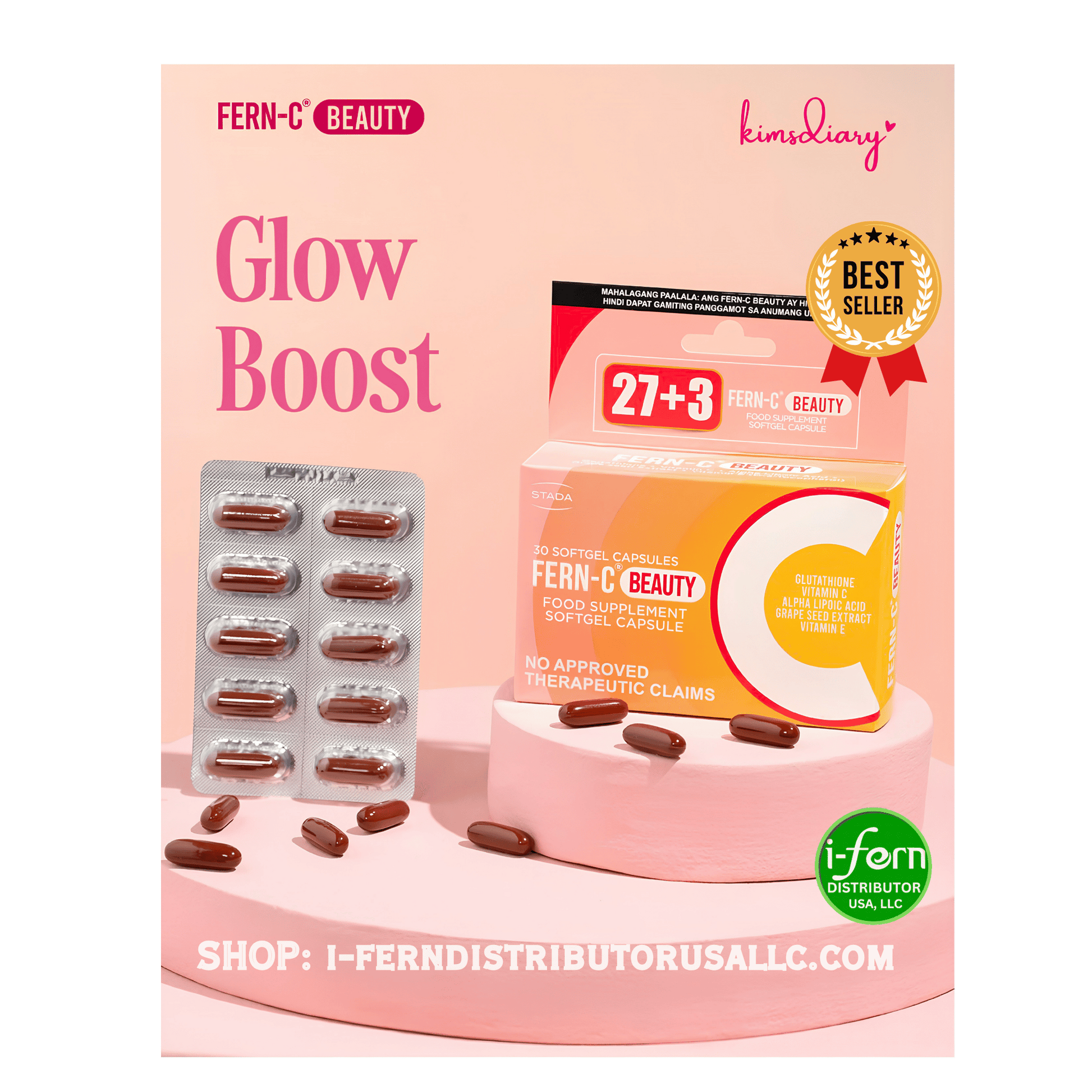 Fern-C Beauty Glutathione Glow Boost supplement packaging with pills on a pink background Shop online at iferndistributorusallc Kimsdiary