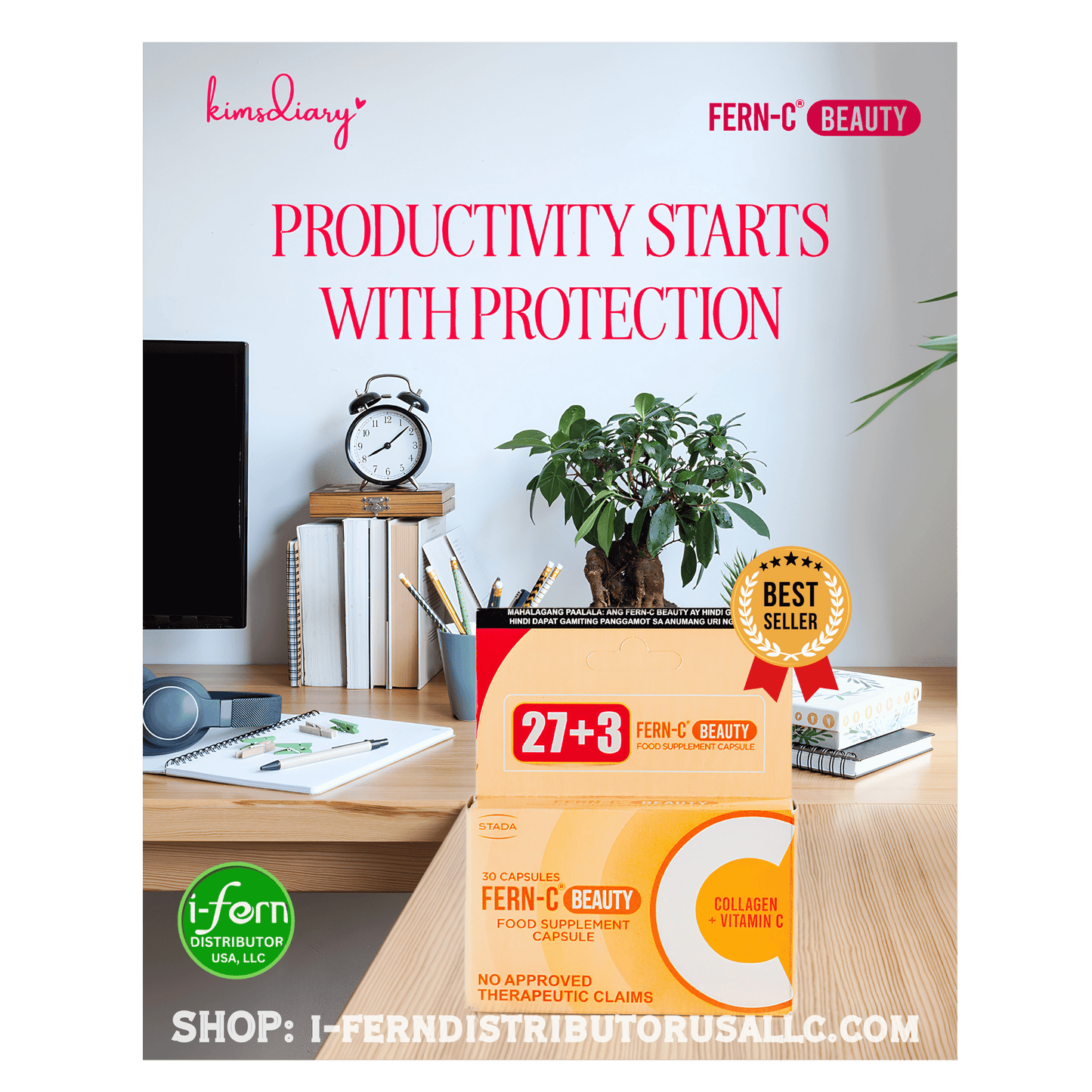 Productivity-themed advertisement with a box of 'Fern-C Beauty Collagen' supplements on a desk. shop online i-ferndistributorusallc.com