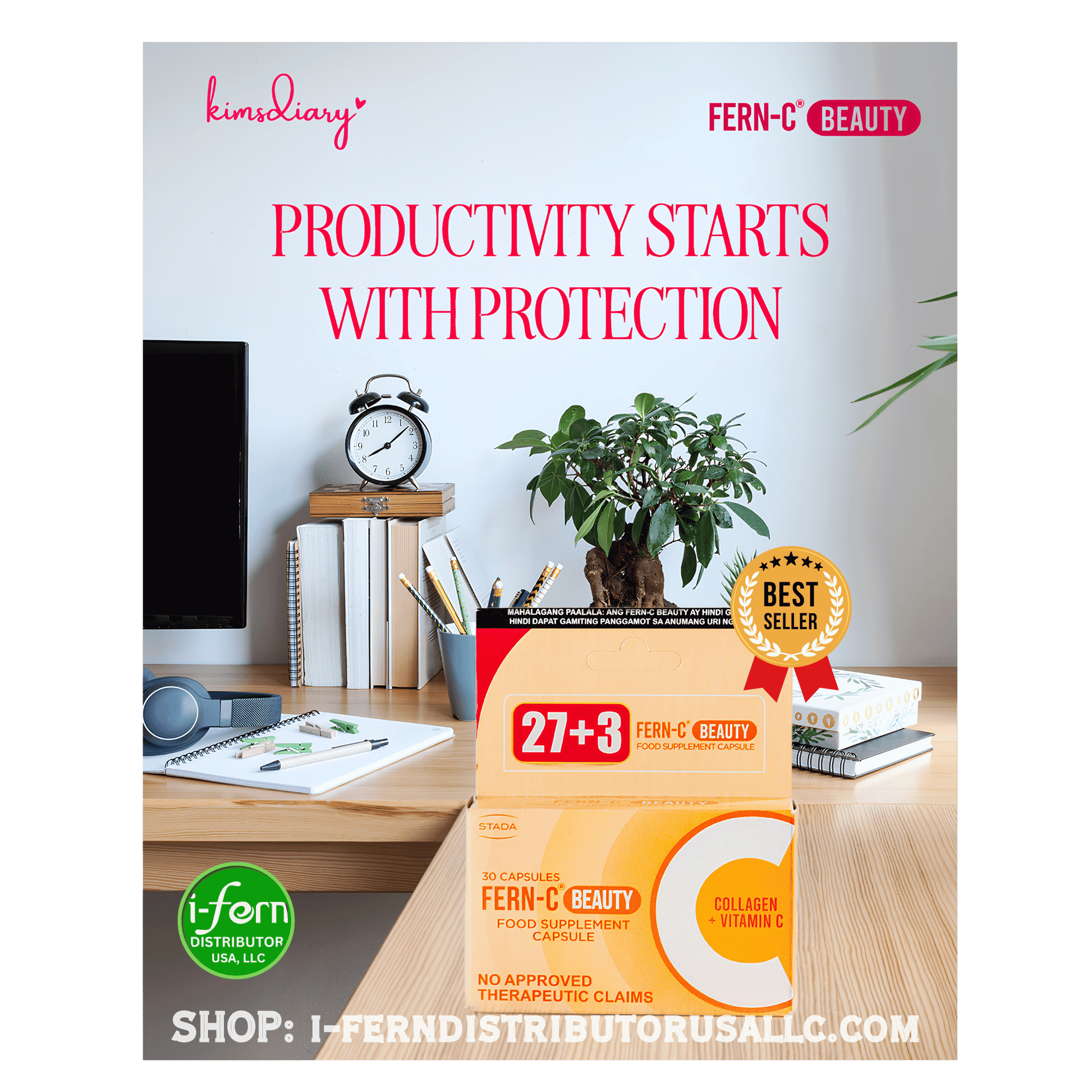Productivity-themed advertisement with a box of 'Fern-C Beauty Collagen' supplements on a desk. shop online i-ferndistributorusallc.com