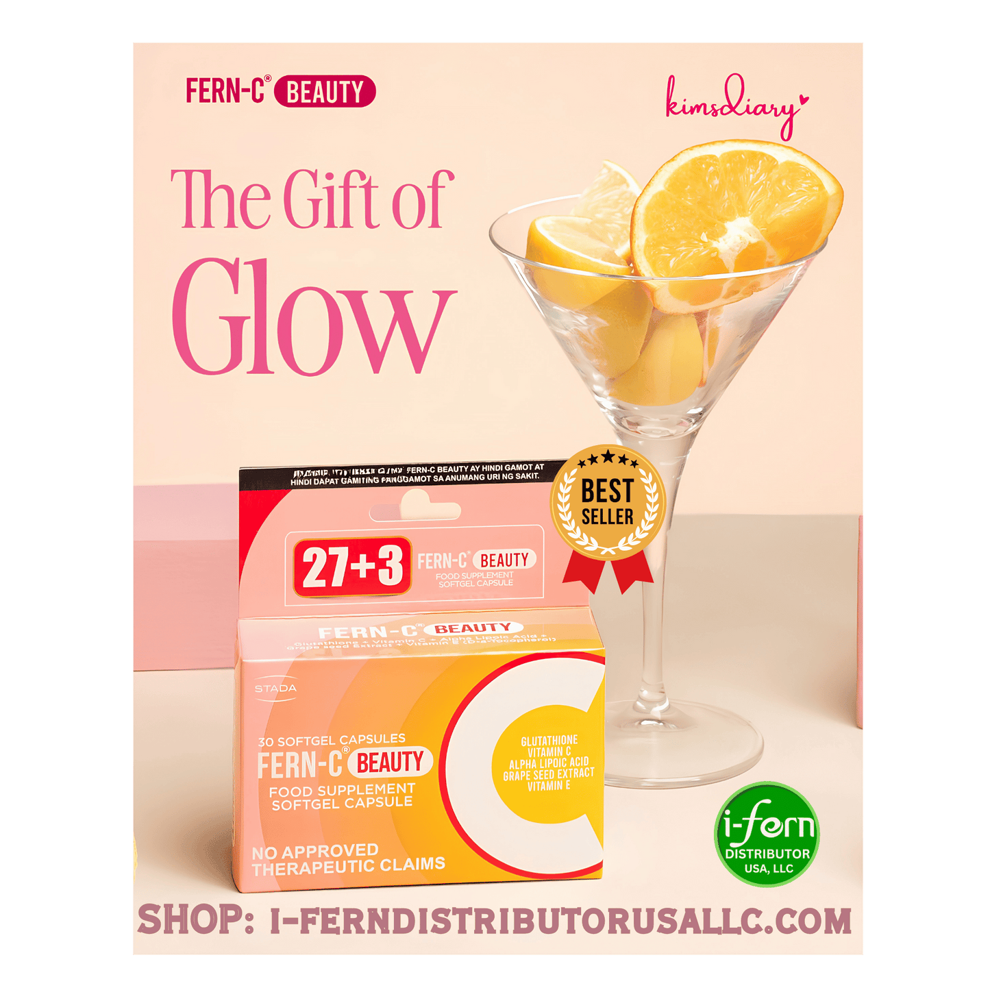 Fern C Beauty supplement packaging with a glass of lemon slices on a pink background Shop online at iferndistributorusallc Kimsdiary