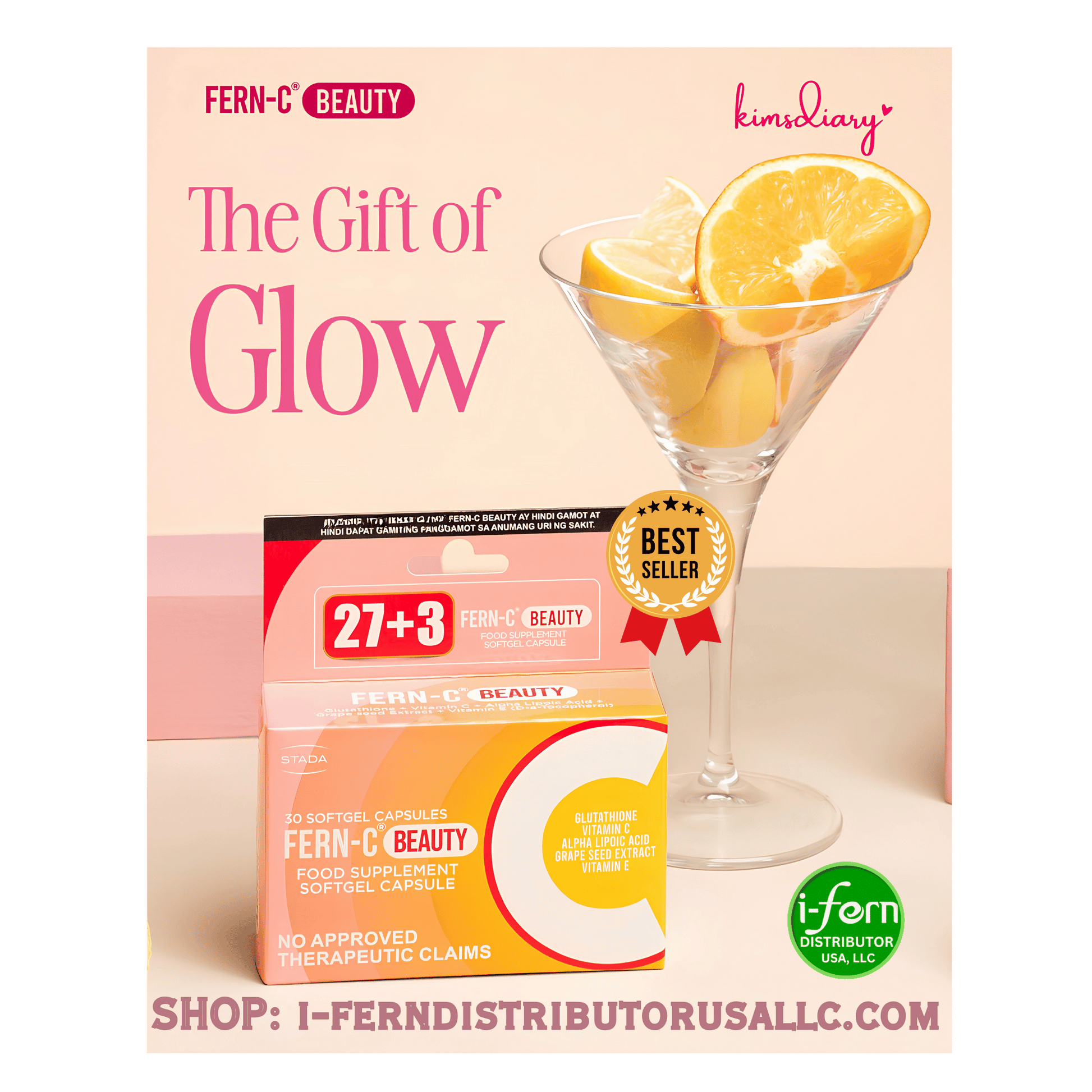 Fern C Beauty supplement packaging with a glass of lemon slices on a pink background Shop online at iferndistributorusallc Kimsdiary
