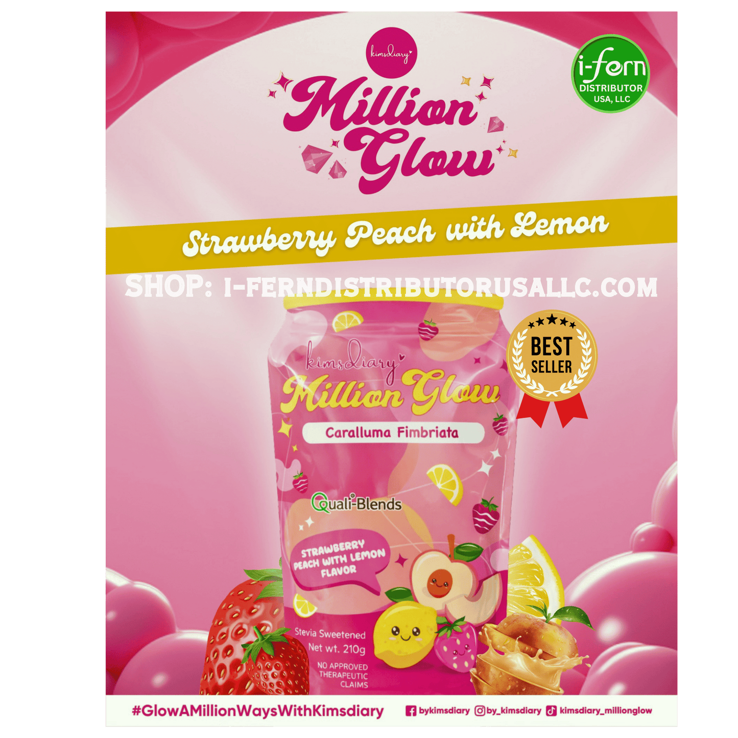 Promotional image of Million Glow Strawberry Peach with Lemon flavor product packaging.  Kimsdiary Million Glow Strawberry Peach with Lemon shop online i-ferndistributorusallc.com