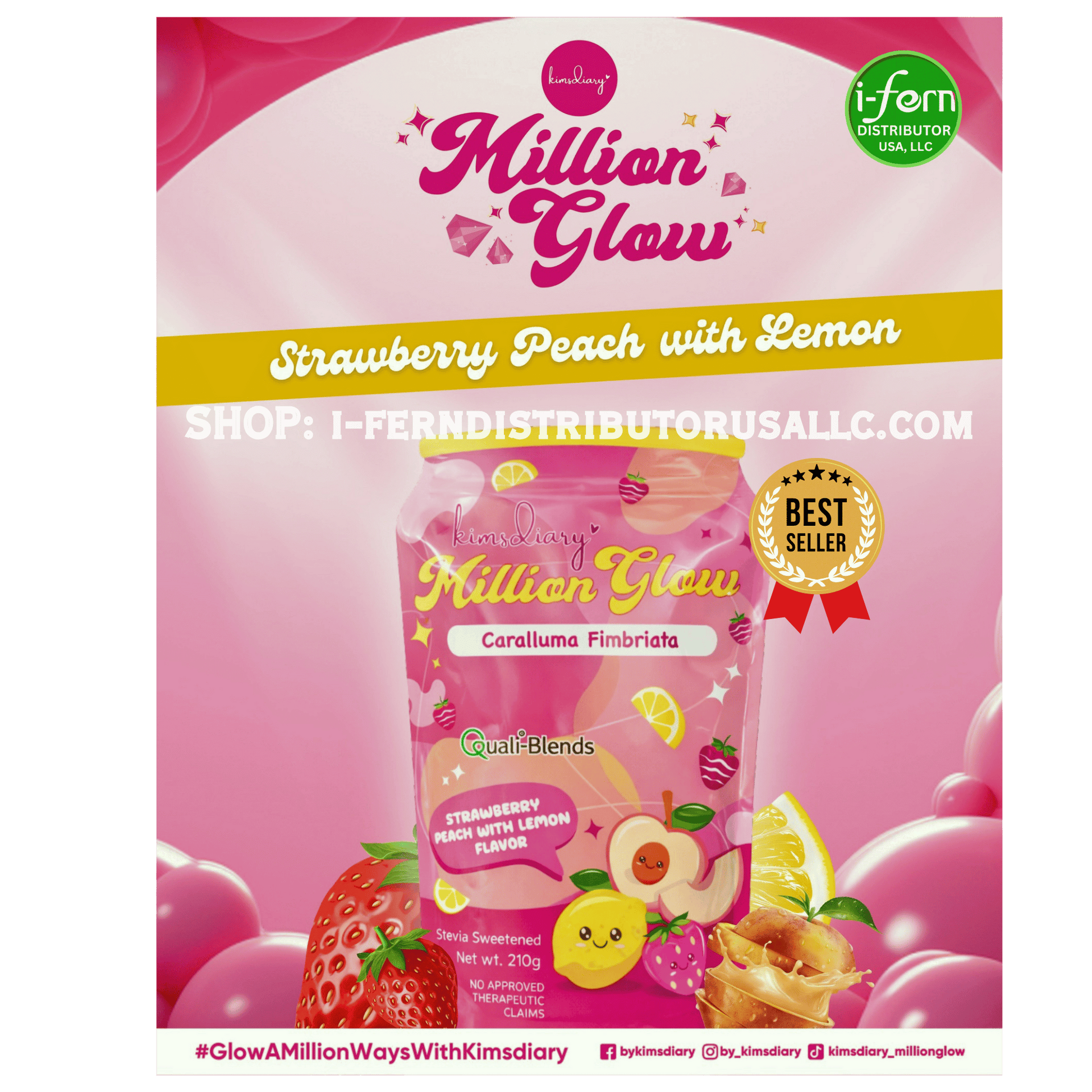 Promotional image of Million Glow Strawberry Peach with Lemon flavor product packaging.  Kimsdiary Million Glow Strawberry Peach with Lemon shop online i-ferndistributorusallc.com
