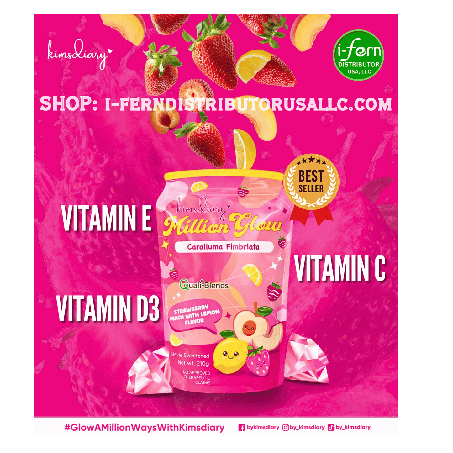 Promotional image of a vitamin supplement package with colorful fruits on a pink background, featuring branding and product details.  Kimsdiary Million Glow Strawberry Peach with Lemon shop online i-ferndistributorusallc.com