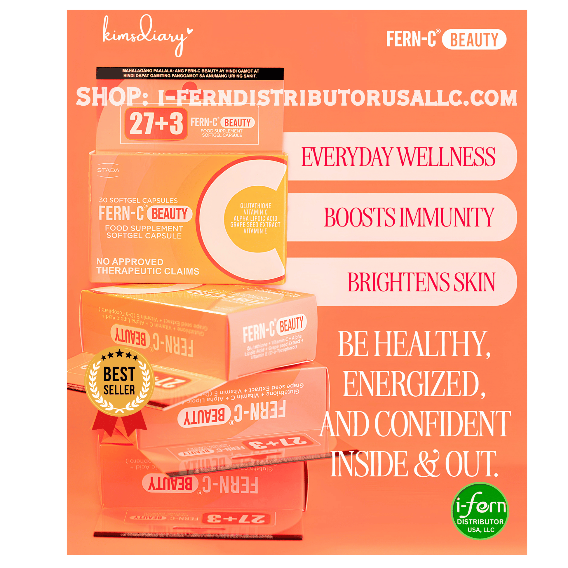 Advertisement for Fern-C Beauty  Kimsdiary products with text on an orange background Shop online at iferndistributorusallc