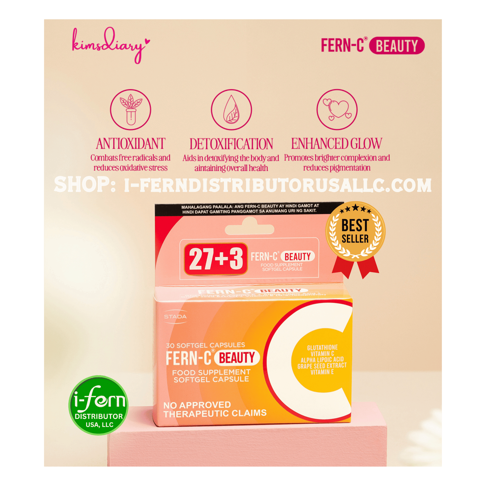 Fern-C Beauty Kimsdiary supplement packaging with branding and product details on a beige background Shop online at iferndistributorusallc