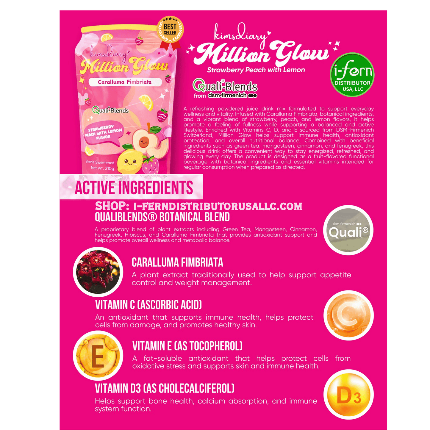 Product packaging with 'Kim's Diary Million Glow' on a pink background